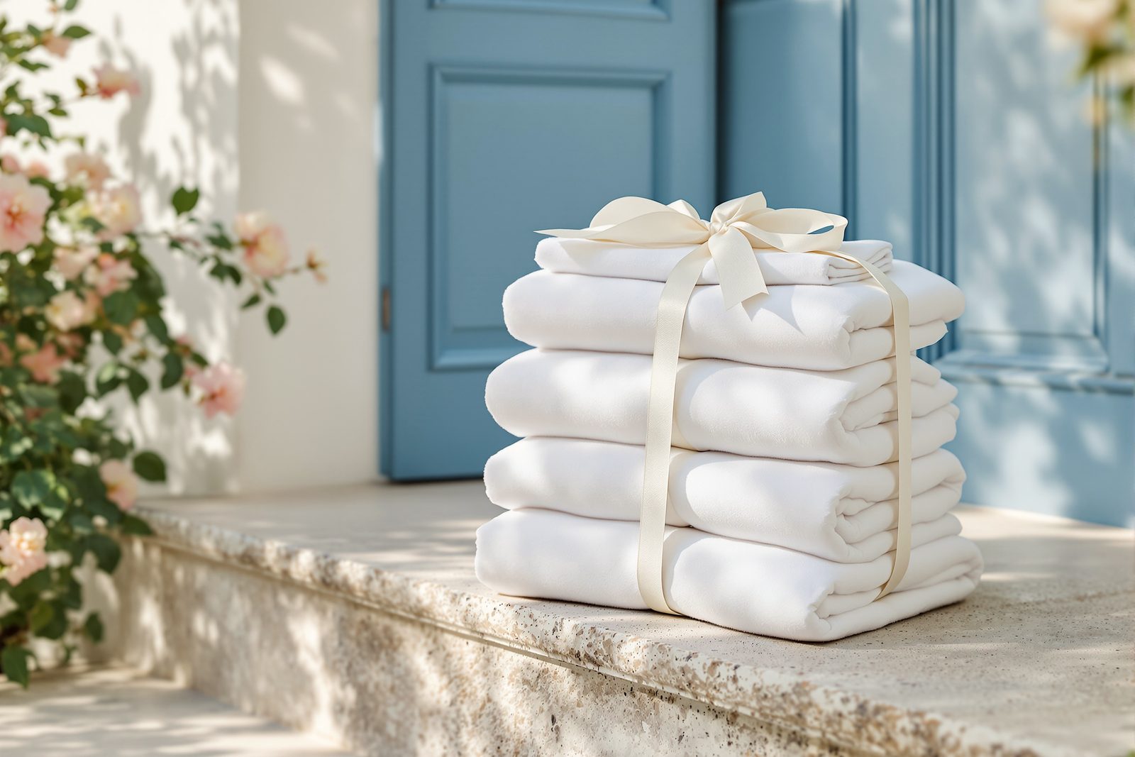 Pile de linge propre plié et noué, déposée devant l’entrée d’une villa